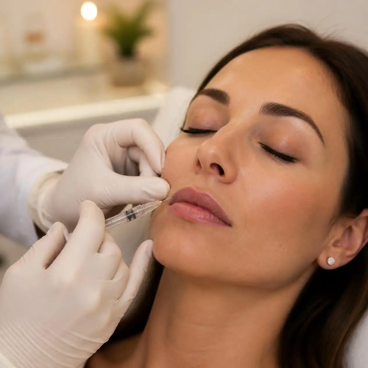 Board-certified physician injecting lip filler for a client in Walnut Creek