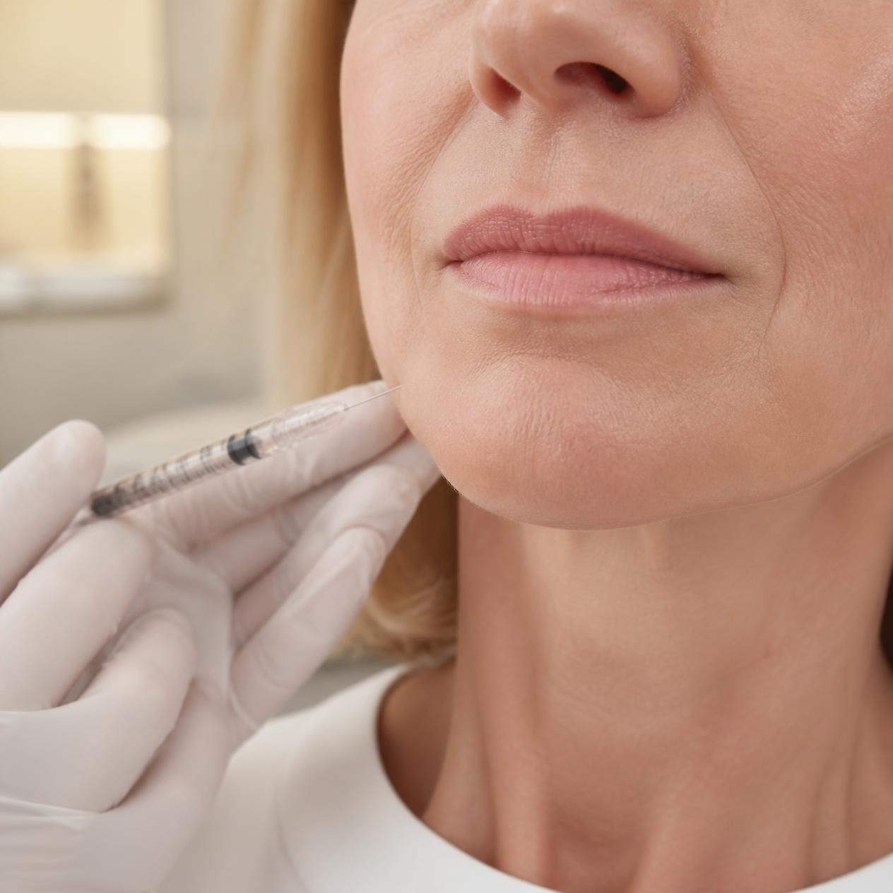 Board-certified physician injecting marionette line filler for a client in Walnut Creek