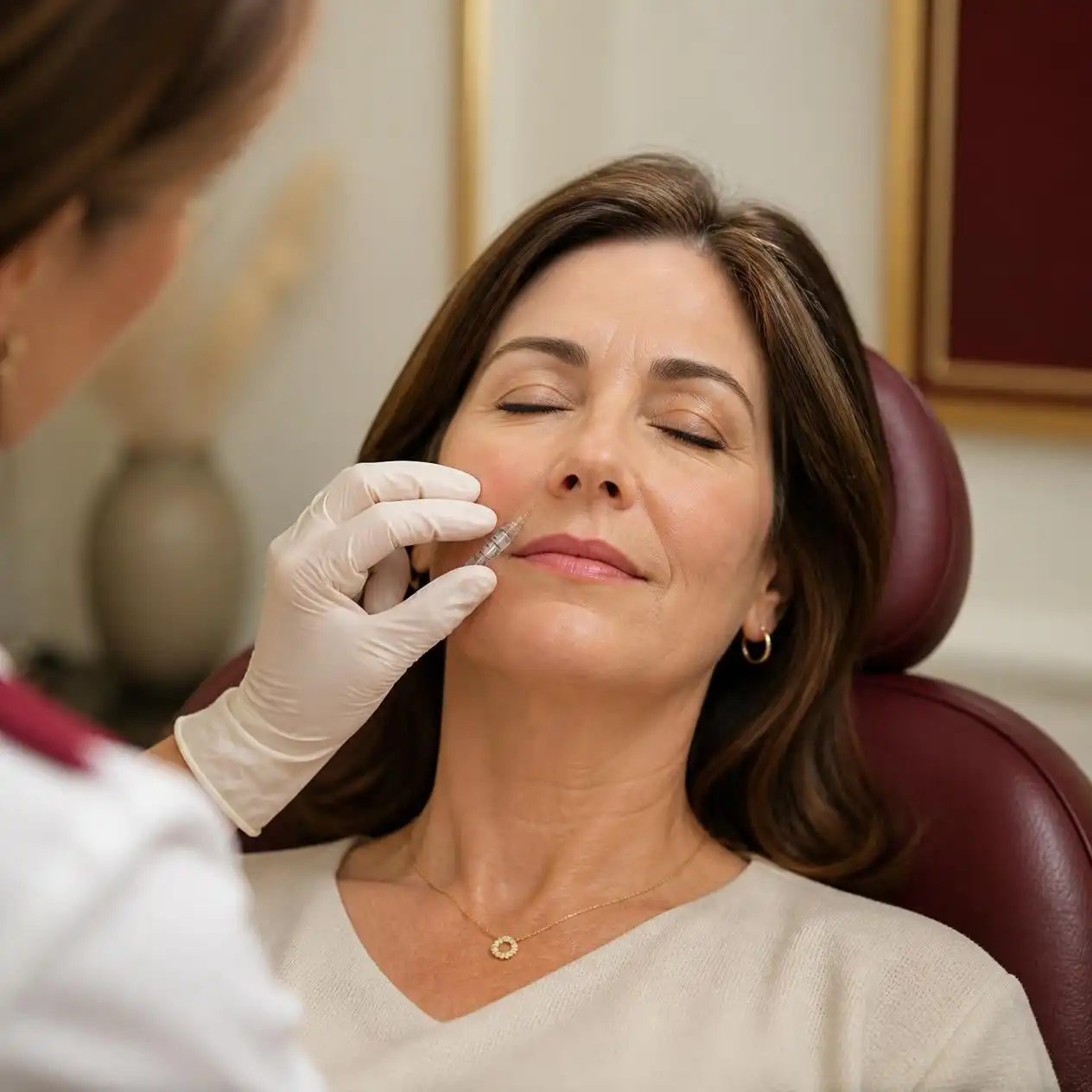 Board-certified physician injecting nasolabial fold filler for a client in Walnut Creek