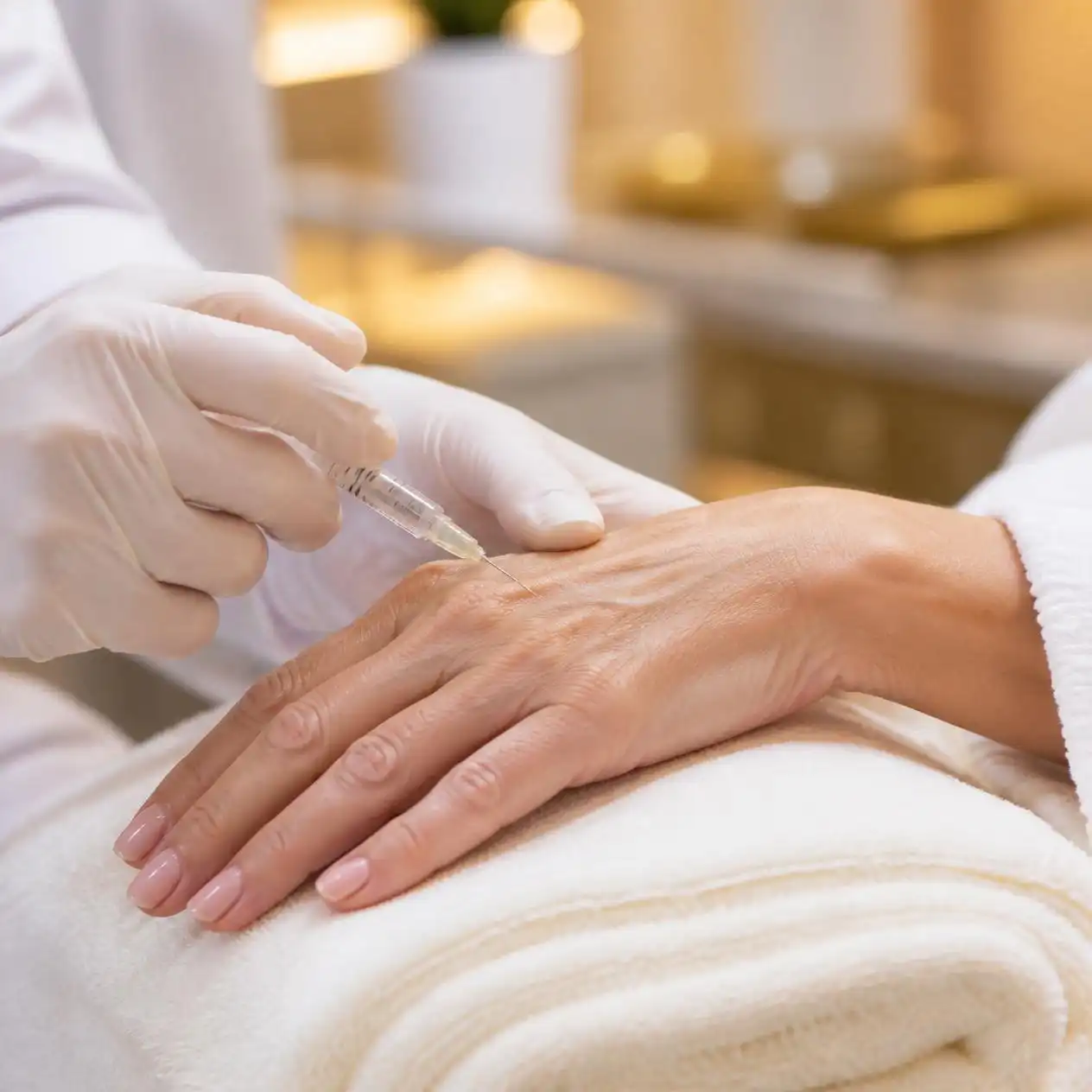 Board-certified physician injecting Radiesse filler into the back of a client’s hand in Walnut Creek