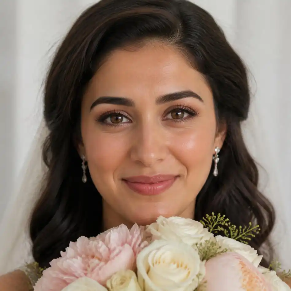 Bride with long dark hair holding a bouquet of white roses and blush peonies