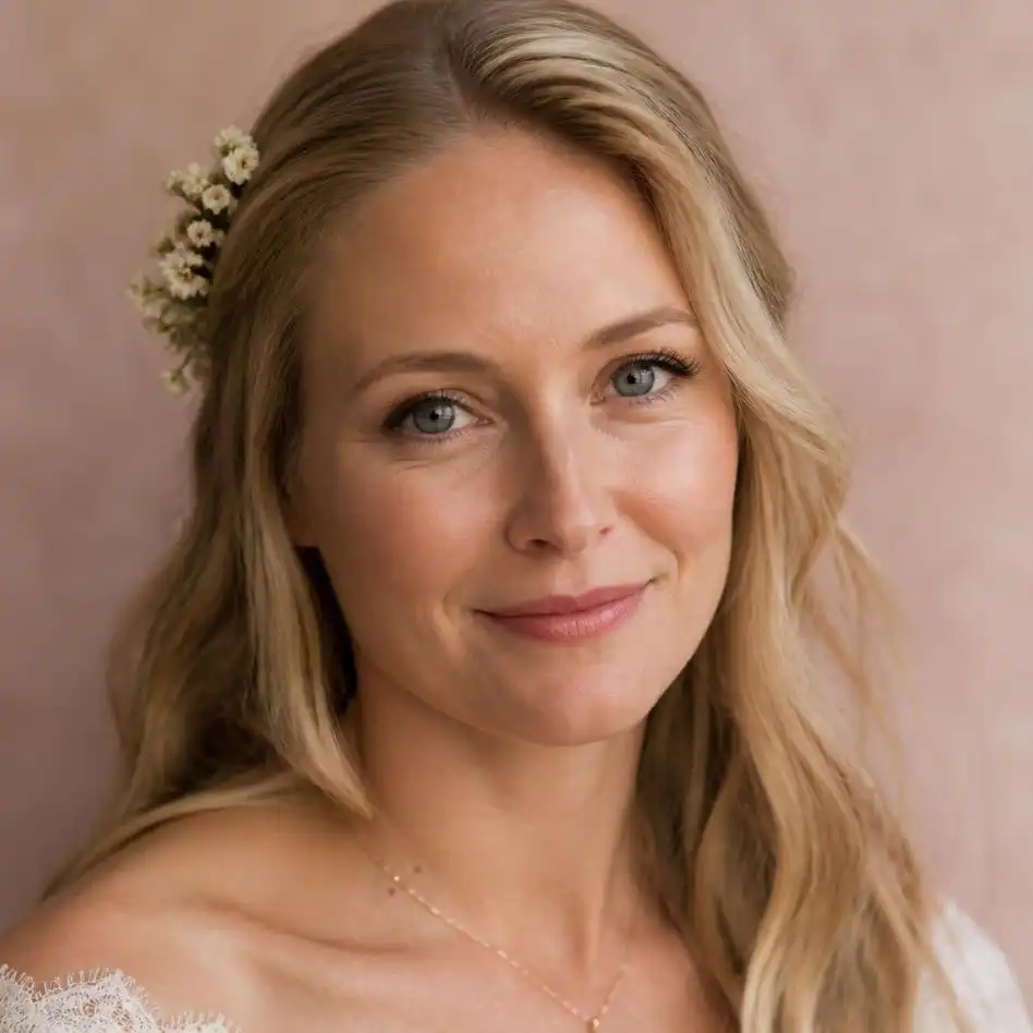 Bride with long blonde hair and a small floral hairpiece