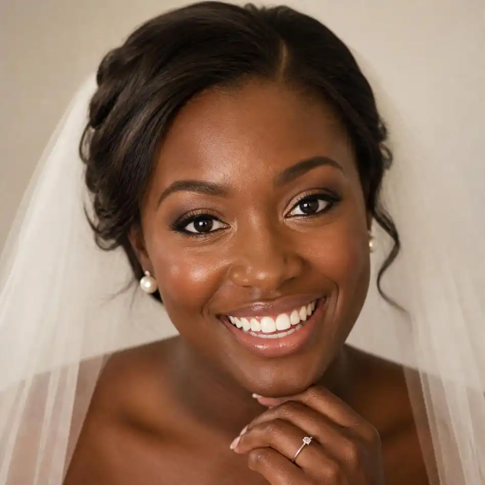 Smiling bride with a sheer veil and an engagement ring