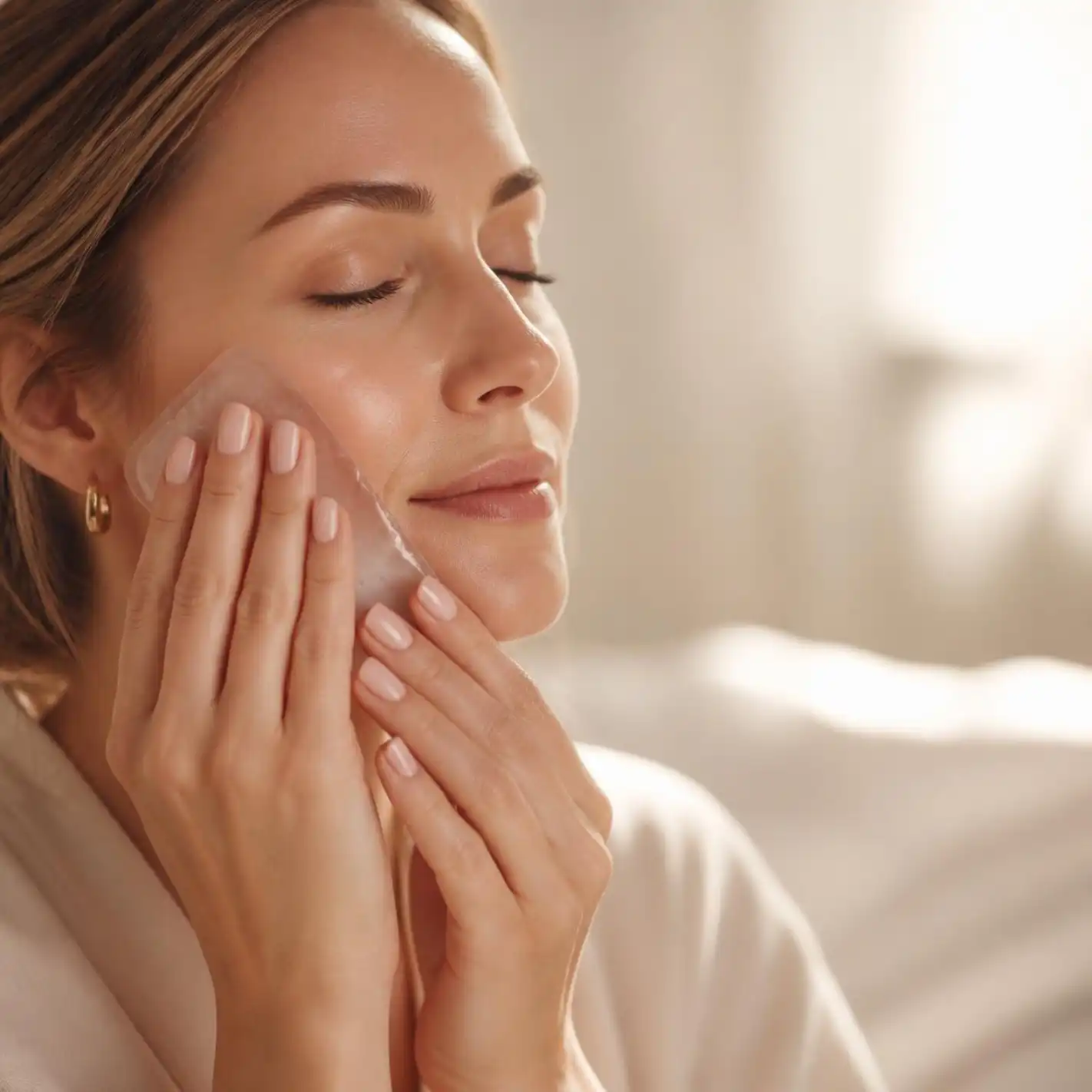 Woman gently pressing a cool gel pad to her cheek while following post-treatment care instructions at Beau Visage Aesthetics in Walnut Creek