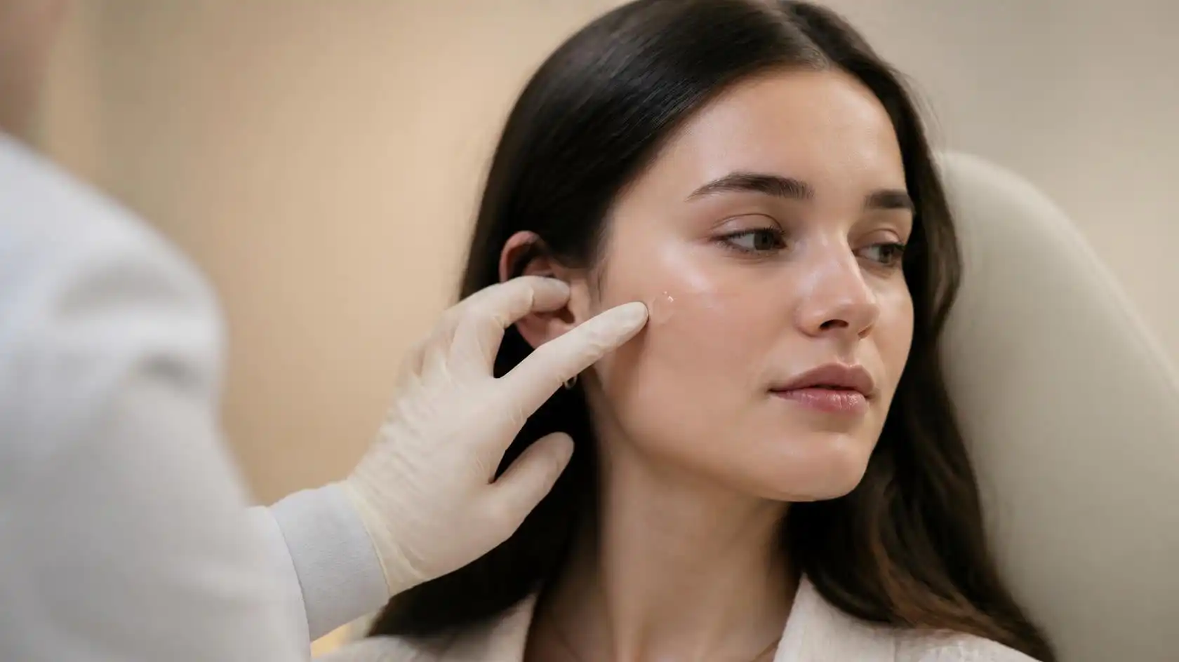 Physician applying a dab of treatment cream to a young woman's cheek
