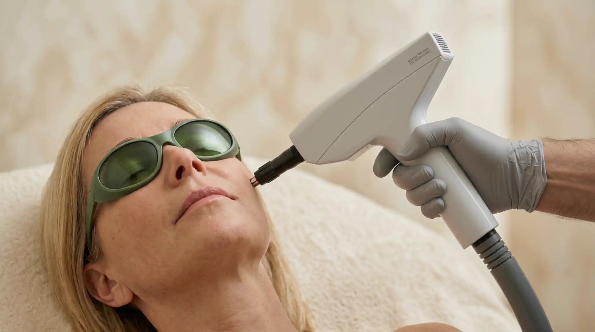 Clinician holding a laser handpiece above the cheek of a client wearing protective goggles