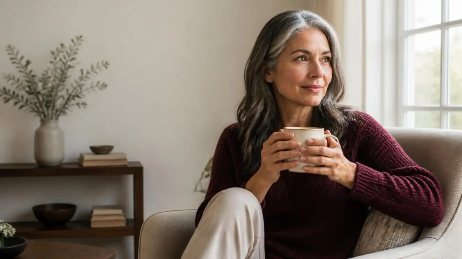 Woman in her early fifties with silver-streaked hair relaxing in an armchair by a sunny window with a cup of tea
