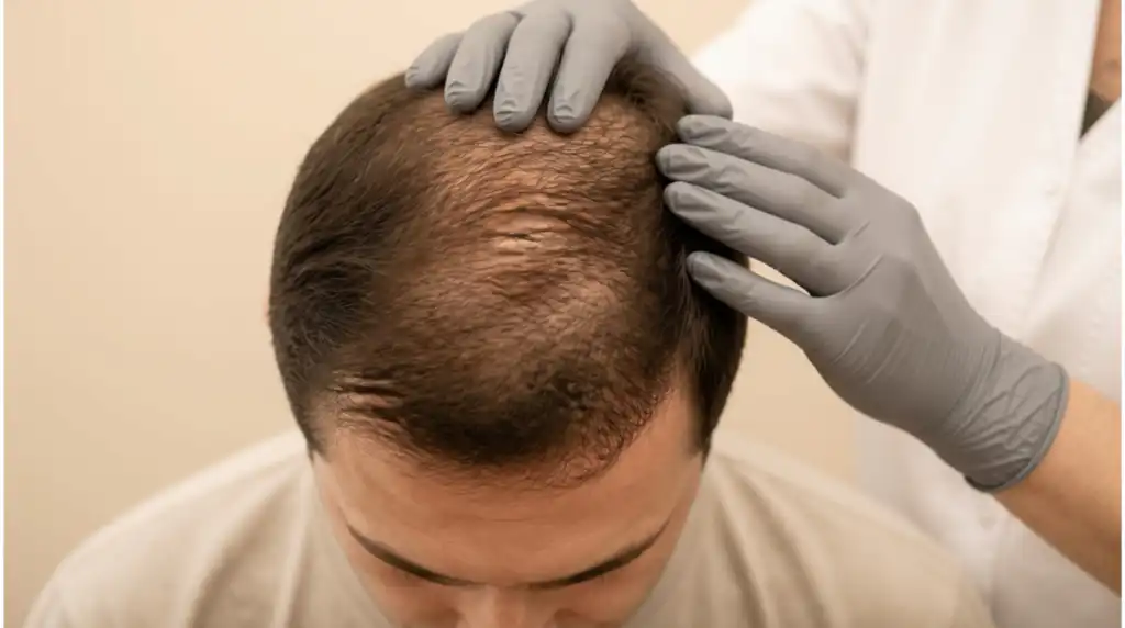 Crown of a man's head with thinning hair, a clinician's gloved hand resting beside it