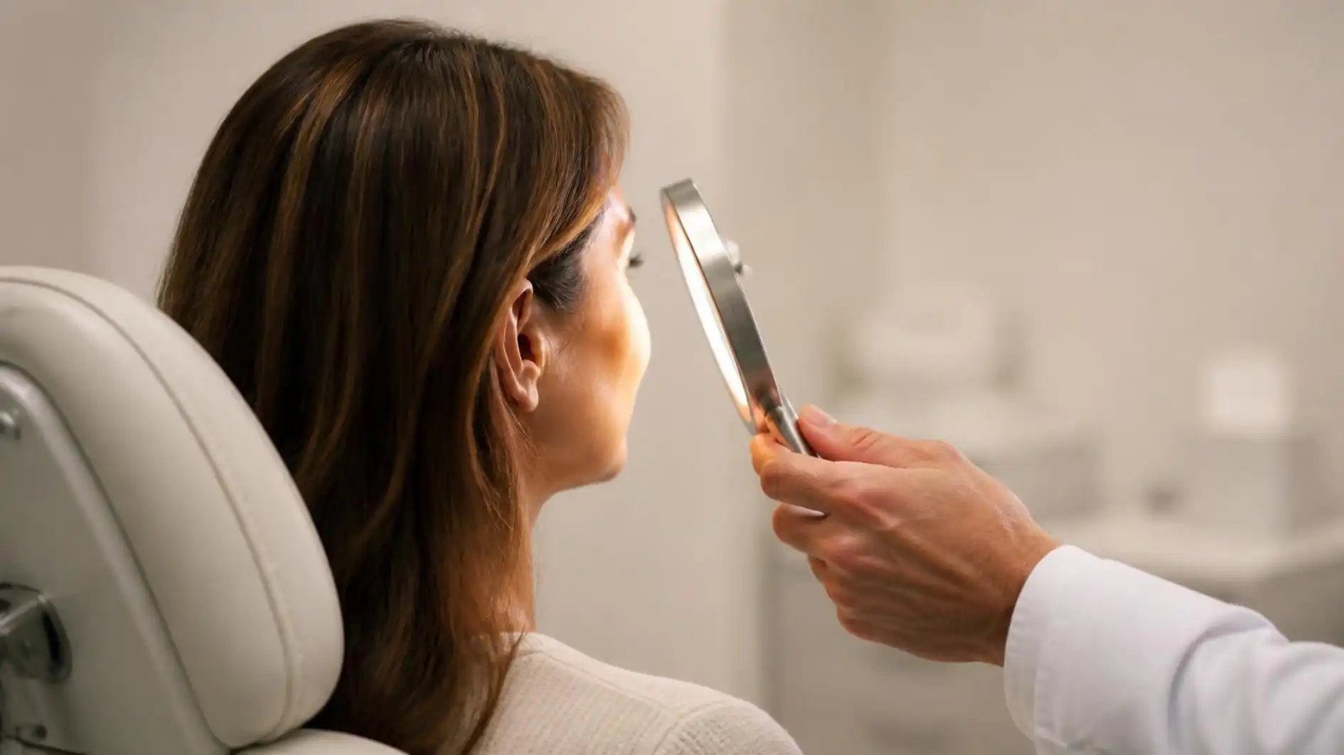 Physician holding a hand mirror toward a seated client's cheek during a consultation