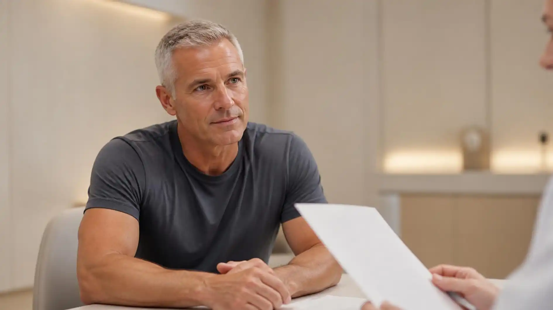 A man in his fifties listening at a consultation desk as the physician goes over his lab report