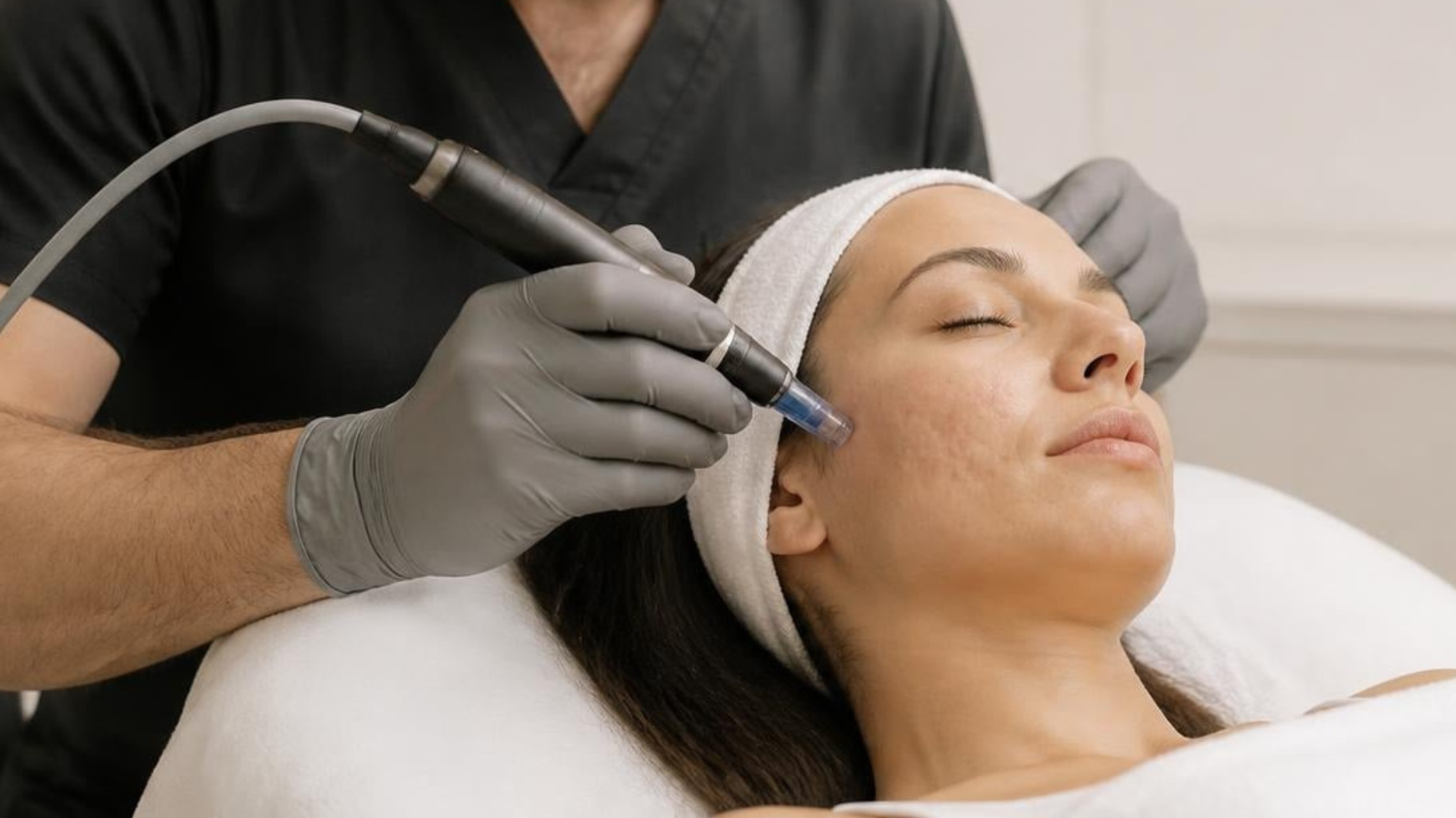 Gloved practitioner guiding a HydraFacial handpiece across a client's forehead at Beau Visage Aesthetics in Walnut Creek