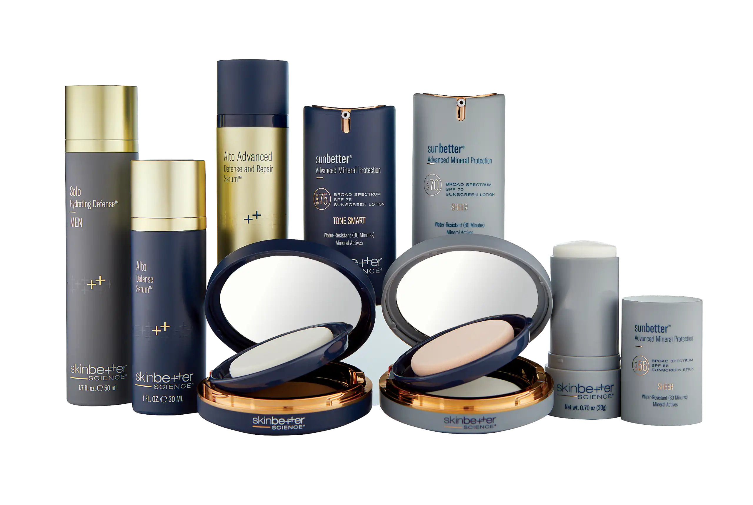 skinbetter science Protect Collection serums, sunscreen lotions, compacts and a stick grouped on a pale grey background