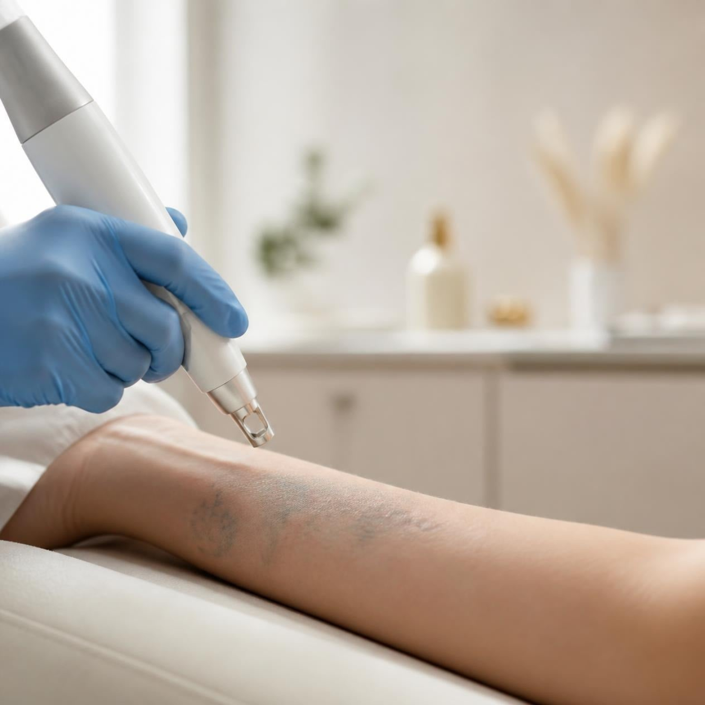 Physician's gloved hand guiding a laser handpiece over a fading tattoo on a client's forearm during laser tattoo removal at Beau Visage Aesthetics in Walnut Creek